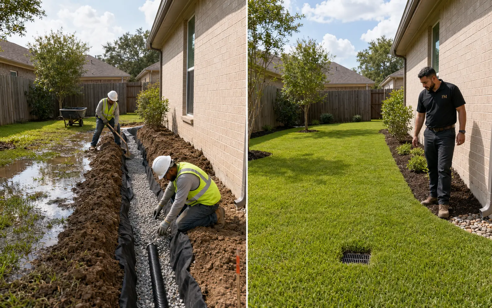 Before and after French drain installation